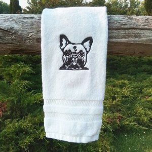 FRENCH  BULLDOG hand towel - Embroidered FRENCHIE white hand towel